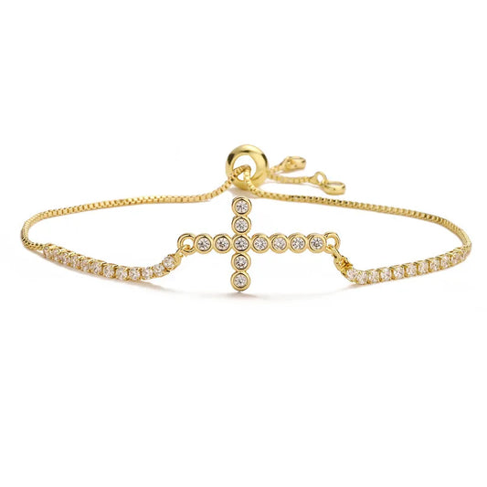 Brass (Copper) Cross Bracelet with Cubic Zircon with 18K Gold Plated